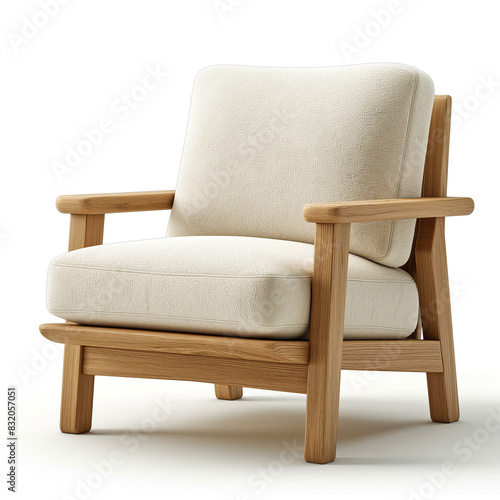 Minimalist wooden armchair with cream cushion isolated on white background Scandinavian design 3d rendering