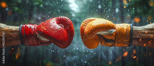 Intense Boxing Showdown Close-Up of Two Fists in Vibrant Orange and Pink Gloves Colliding in a Cloud of Smoke Under Dramatic Lighting Wallpaper Digital Art Poster Brainstorming Map Magazine Background photo