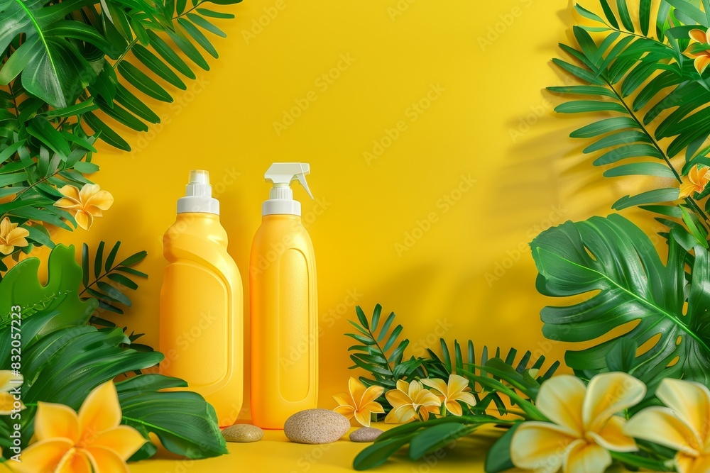 A bottle of spray is sitting on a rock next to some flowers