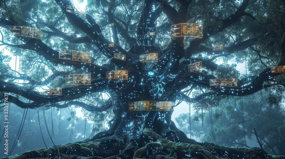 An enormous tree with roots made of tangled wires and branches adorned with glowing screens symbolizing the growth of zettabytes. An enormous tree with roots made of tangled wires and branches adorned with glowing screens symbolizing the growth of zettabytes.