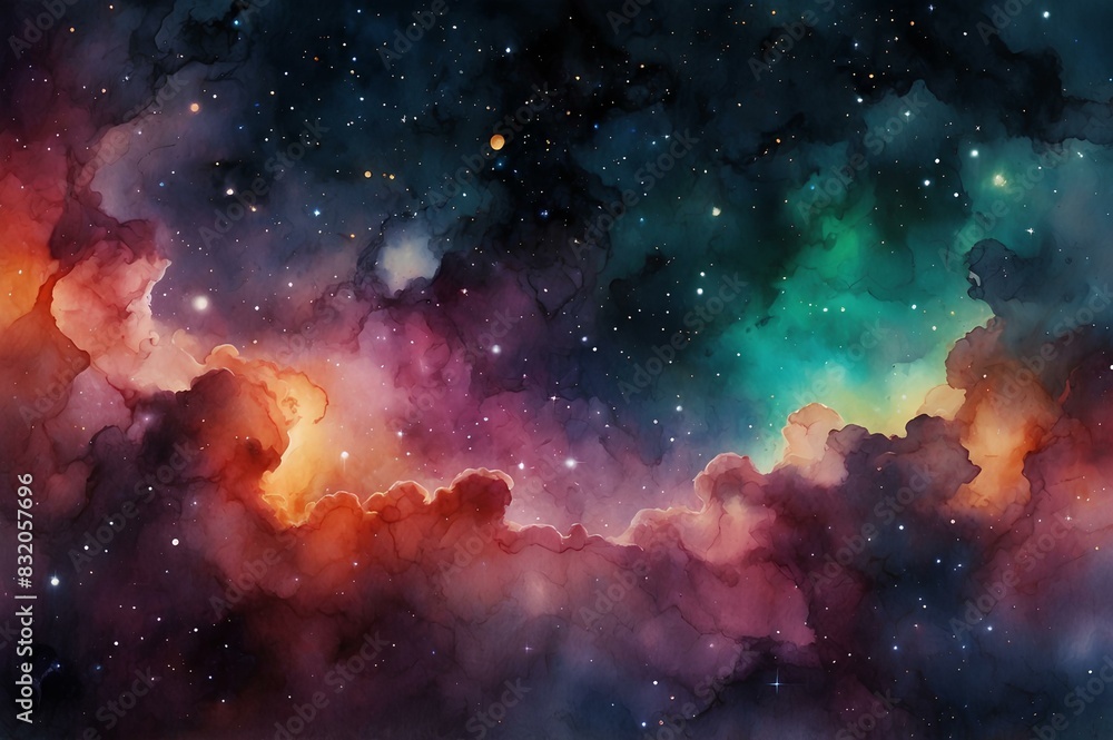 Naklejka premium Colorful Nebula and Starry Night Sky Watercolor