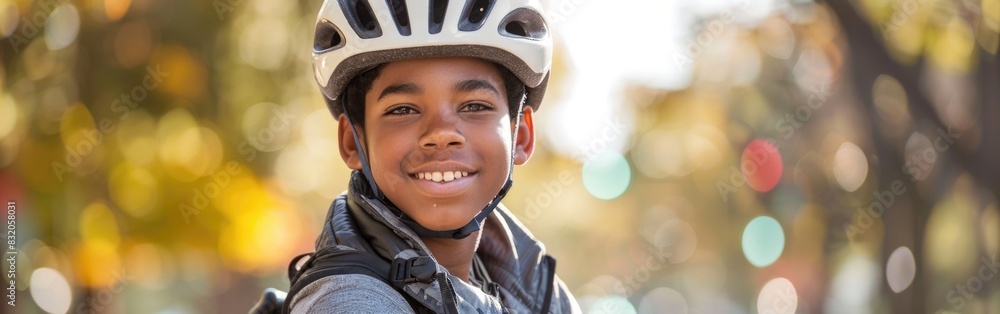 African American boy happily smiles while wearing a bicycle helmet African American boy happily smiles while wearing a bicycle helmet
