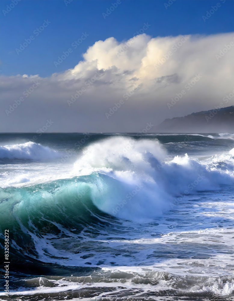 Stormy seascape, powerful waves crashing the sandy beach on the shoreline
