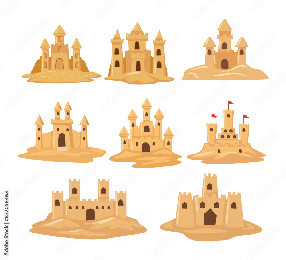 Set of sand castles collection in cartoon style, Vector illustration of fun in the sand building construction, summer beach vacation, Various sand castle with tower. Seaside holiday concept. Set of sand castles collection in cartoon style, Vector illustration of fun in the sand building construction, summer beach vacation, Various sand castle with tower. Seaside holiday concept.