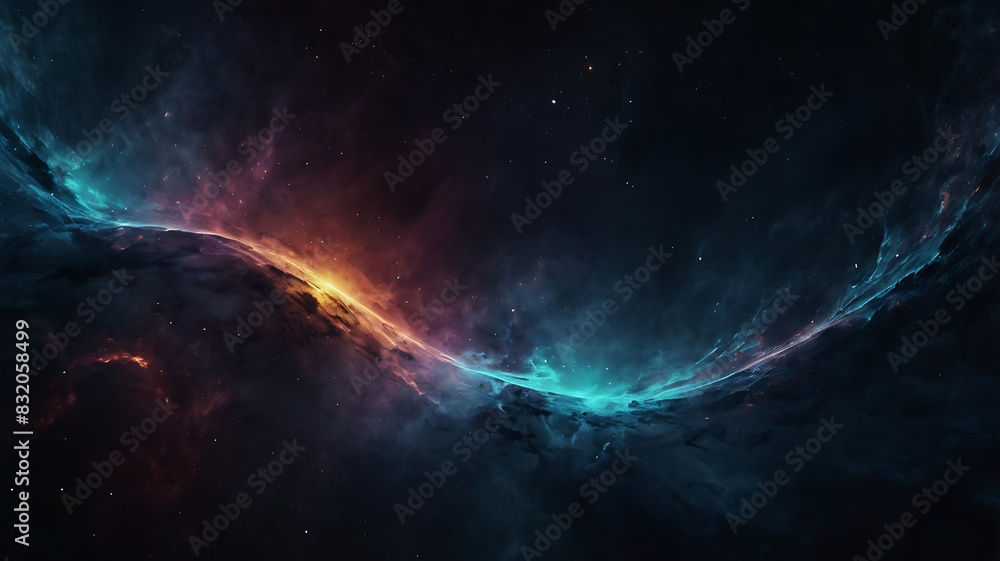 Abstract space themed dark illustrative wallpaper with futuristic energy wave design and nebula dust
