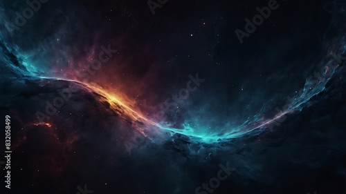 Abstract space themed dark illustrative wallpaper with futuristic energy wave design and nebula dust 