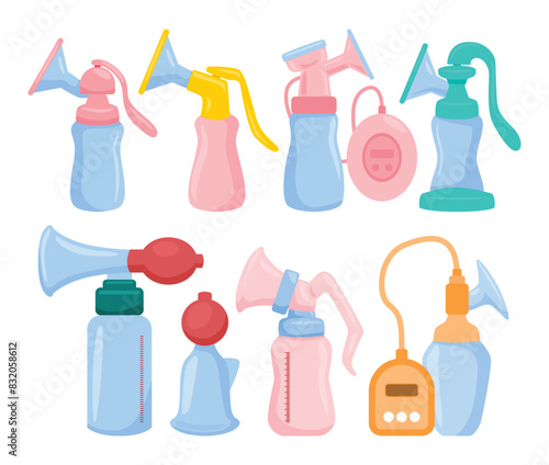 Set of manual breast pump set collection, Mother's day, Suckling, Infant, Motherhood, Innocence, to increase milk supply for breastfeeding mother and child feeding bottle with breastmilk, flat vector.