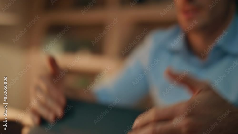 Copywriter hands closing laptop finish job at evening home close up. Smiling man Copywriter hands closing laptop finish job at evening home close up. Smiling man