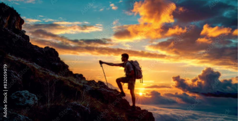 silhouette of a person in the mountains, sunset, blurred wide shot, challenging to peak, Ai illustration silhouette of a person in the mountains, sunset, blurred wide shot, challenging to peak, Ai illustration