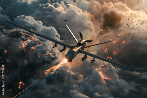 A damaged combat drone limping back to base sparks flying from a damaged wing photo