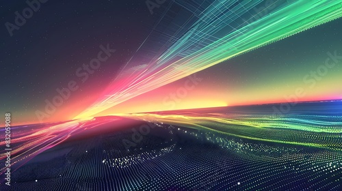 A pixelated aurora borealis stretching across a binary horizon, its colors encoding hidden algorithms