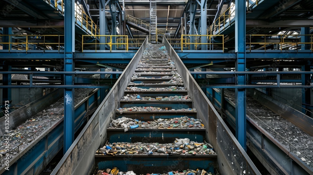 moving conveyor transporter on Modern waste recycling processing plant. Separate and sorting garbage collection. Recycling and storage of waste for further disposal. moving conveyor transporter on Modern waste recycling processing plant. Separate and sorting garbage collection. Recycling and storage of waste for further disposal.