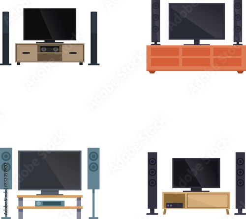Collection of four stylish home entertainment system setups with furniture