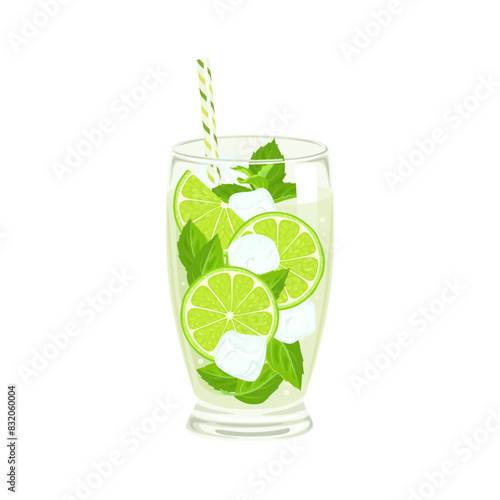 Mojito cocktail with lime juice, green mint leaf and ice cubes. Glass of refreshing summer cold drink. Vector cartoon illustration.