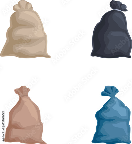 Illustration of four sacks in beige, black, brown, and blue, isolated on a white background