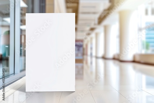 Mock-Up promotion poster displayed on the front of bright blur medical clinic, hospital interior background with defocused effect. Blank A4 white paper on abstract defocused luxury office corridor. Ad