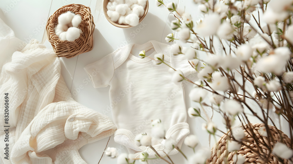 White background with a beautiful blossoming branch and wicker basket with cotton balls. White background with a beautiful blossoming branch and wicker basket with cotton balls.