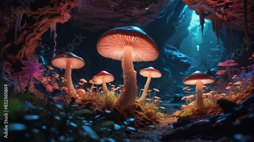 In the bio-luminescent caverns of Lumina, alien species cultivate glowing mushrooms and plants for sustenance and light, Generative AI