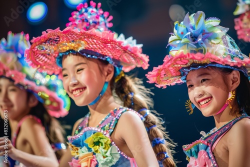 Several Asian girls dressed in vibrant and charming attire adorned with textured  colorful ribbon flowers  revel joyfully at a festive occasion.