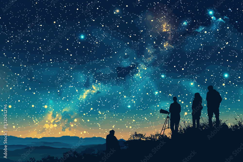 A group of people stargazing on a hilltop under a vast, star-filled night sky with a telescope in view. Flat vector illustration. A group of people stargazing on a hilltop under a vast, star-filled night sky with a telescope in view. Flat vector illustration.