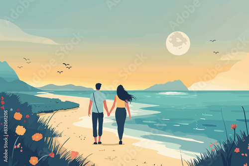 A couple walking hand in hand on a beach during sunset, with a beautiful view of the sun setting over the ocean. Flat vector illustration.