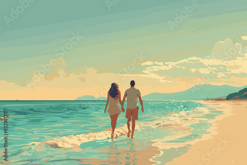 A couple holding hands while walking along the beach, enjoying the serene atmosphere and ocean view. Flat vector illustration.
