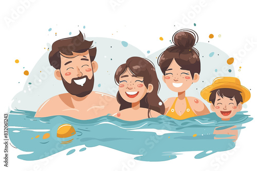 A happy family swimming together, having fun and enjoying each other's company in the water. Flat vector illustration.