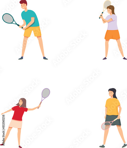 Vector illustration of four individuals in active tennis poses, isolated on white background