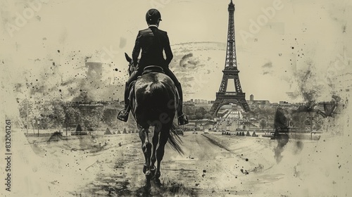 Vintage postcard, Summer Olympic Games, equestrian sport, silhouette of a rider on a horse against the backdrop of the Eiffel Tower and city panorama, back view, free space for text
