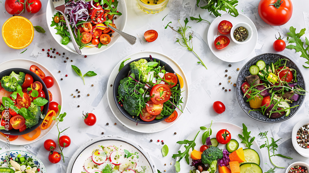 A variety of vegetables are displayed in white bowls, including tomatoes, cucumbers, and broccoli. The bowls are arranged in a way that showcases the different colors and textures of the vegetables A variety of vegetables are displayed in white bowls, including tomatoes, cucumbers, and broccoli. The bowls are arranged in a way that showcases the different colors and textures of the vegetables