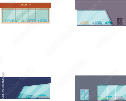 Collection of vector illustrations showcasing various designs of car dealership exteriors
