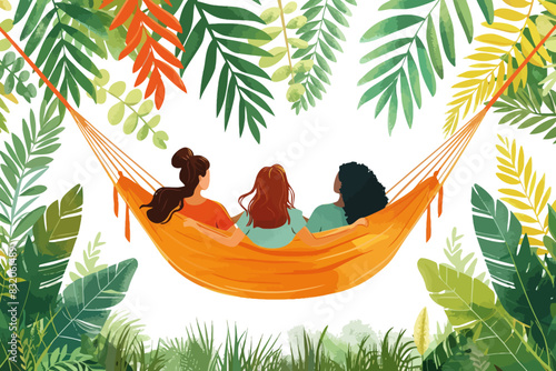 Three friends sitting in a hammock in lush greenery, enjoying a tranquil moment together. Flat vector illustration