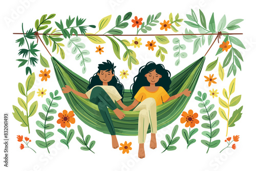 Two people relaxing in a hammock surrounded by green leaves and colorful flowers, enjoying a peaceful moment. Flat vector illustration