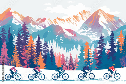Cyclists riding through a snowy mountain landscape with pine trees and majestic peaks in the background. Flat vector illustration