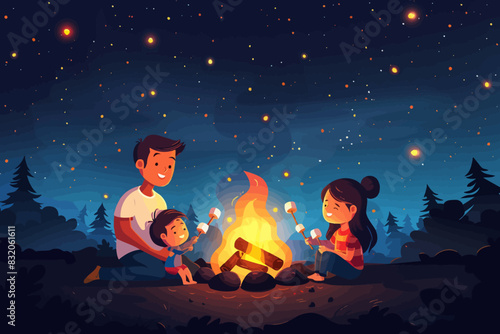 Family roasting marshmallows by a night campfire, flat vector illustration