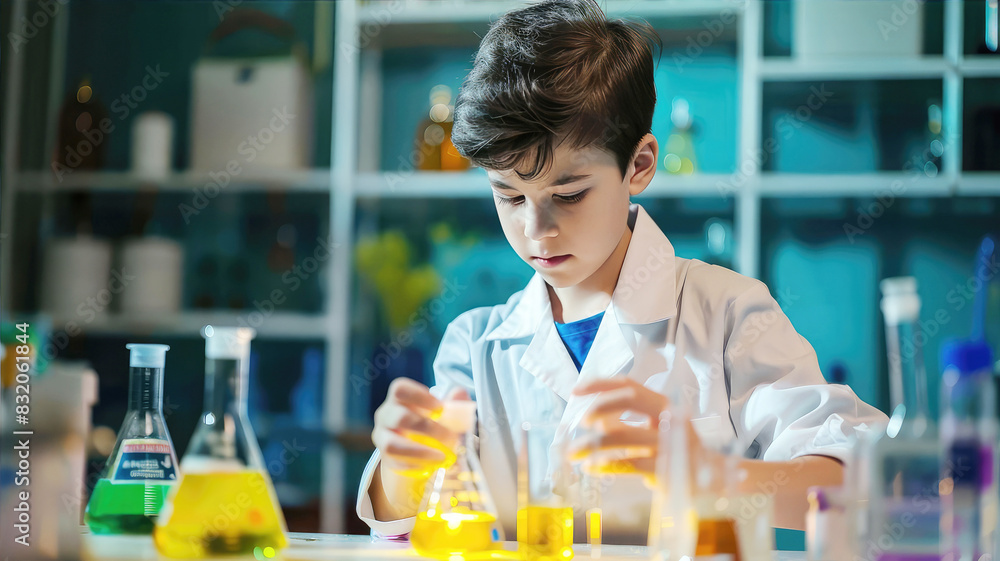 Child young scientist chemist conducting experiments with colorful chemicals in laboratory Child young scientist chemist conducting experiments with colorful chemicals in laboratory