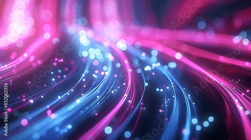 A serene scene of digital tranquility, where soft pink and blue neon lines gently merge and diverge, surrounded by a halo of bokeh