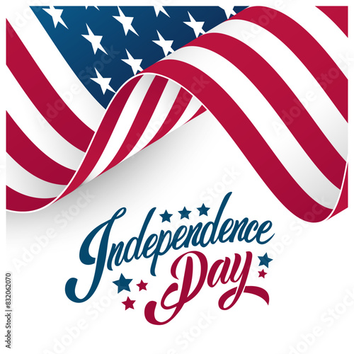 Independence Day greeting card with hand lettering and waving national flag of the United States. Happy 4th of July. White nackground. Vector illustration.