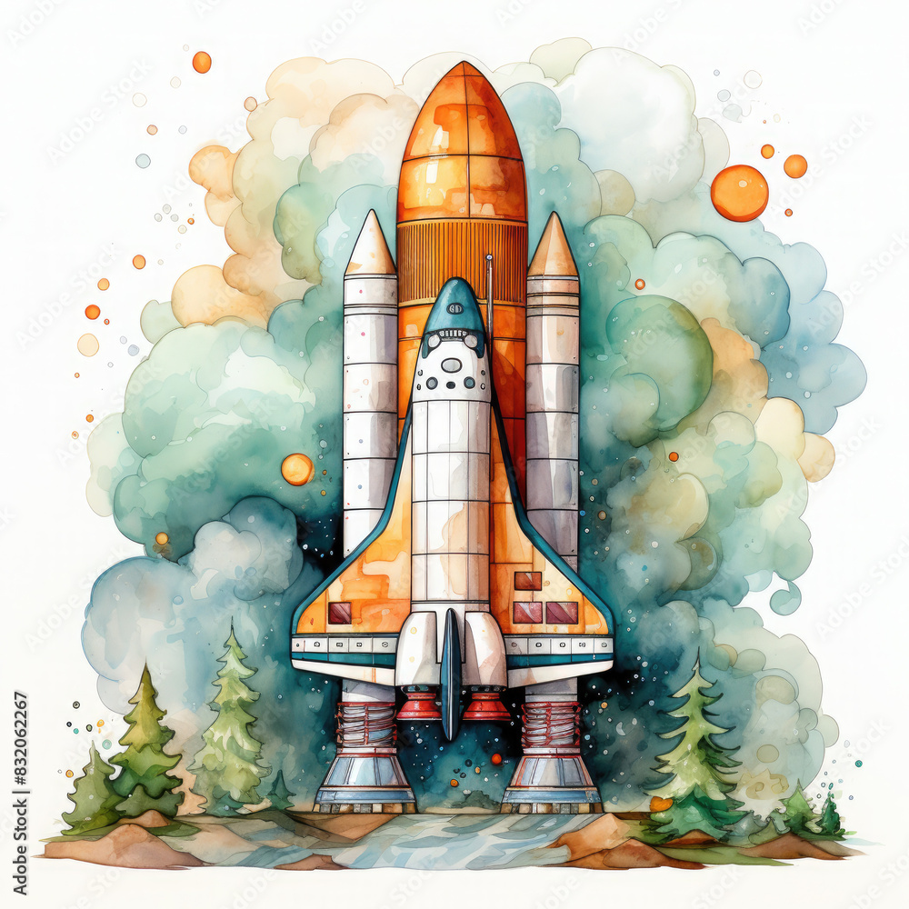 Naklejka premium watercolor rocket clipart, Generative Ai