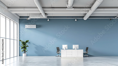 A large air conditioning unit on the ceiling of a white office with a calming blue accent wall and minimalist furnishings, in the style of hazy, crisp detailing, crisp and clean look, bleaches photo