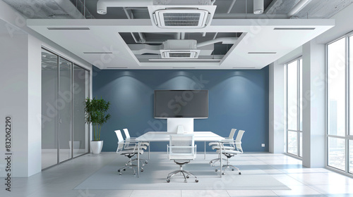 A large air conditioning unit on the ceiling of a white office with a calming blue accent wall and minimalist furnishings, in the style of hazy, crisp detailing, crisp and clean look, bleaches