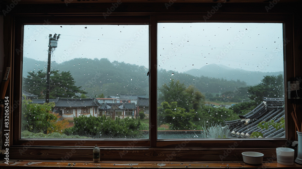 Viewing the rainy scenery outside from a traditional Korean-style house located in the countryside. Viewing the rainy scenery outside from a traditional Korean-style house located in the countryside.