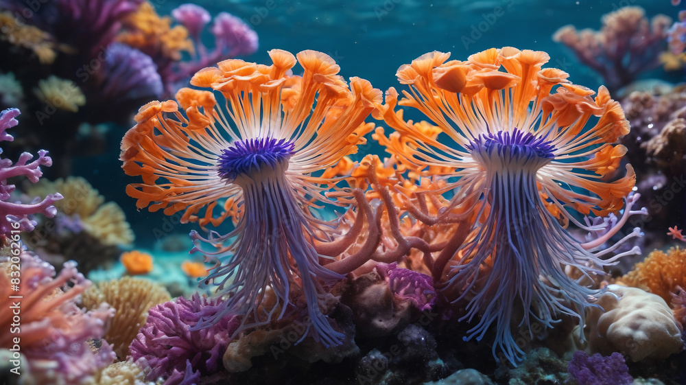 Obraz premium Within the Coral Reef Sanctuary, anemones bloom in dazzling hues, their tentacles dancing in the ebb and flow of the crystal-clear water, Generative AI