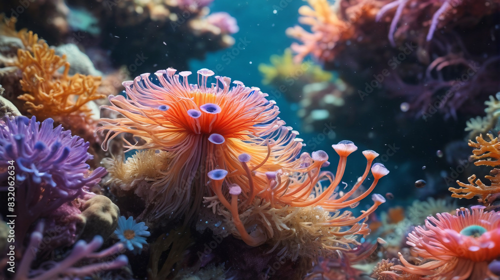 Within the Coral Reef Sanctuary, anemones bloom in dazzling hues, their tentacles dancing in the ebb and flow of the crystal-clear water, Generative AI Within the Coral Reef Sanctuary, anemones bloom in dazzling hues, their tentacles dancing in the ebb and flow of the crystal-clear water, Generative AI