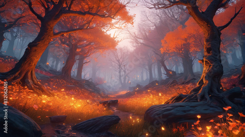 Within the Ember Grove  fiery blossoms bloom in the twilight  casting a warm glow over the enchanted woodlands where fire spirits dwell  Generative AI