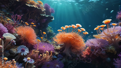 Within the Coral Reef Sanctuary  anemones bloom in dazzling hues  their tentacles dancing in the ebb and flow of the crystal-clear water  Generative AI