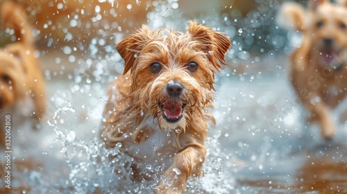 Playful Dogs Splashing in Water.Playful Dogs Splashing in Water.