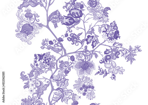 Fantasy, alien flowers, decorative flowers and leaves. Cartoon style. Millefleurs trendy floral design. Seamless pattern, background. Vector illustration.
