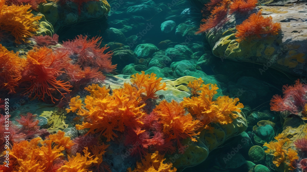 Fototapeta premium Within the Algal Bloom Glade, vibrant algae form intricate patterns on the rocks, their vivid colors creating a mesmerizing underwater tapestry, Generative AI