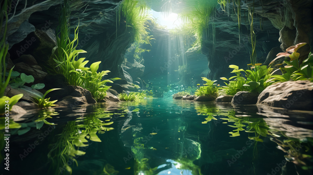 In the Crystal Cavern Pool, crystal-clear waters reflect the lush, green foliage of aquatic plants, creating a tranquil and enchanting underwater world, Generative AI